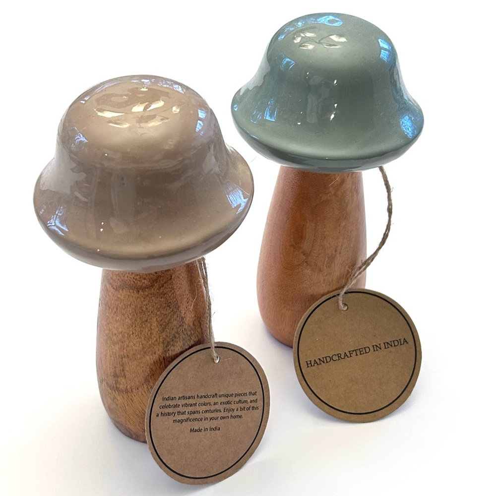 Mushroom Handcrafted Wooden Decor Taupe Sage Blue Glossed Caps SET of 2 NEW